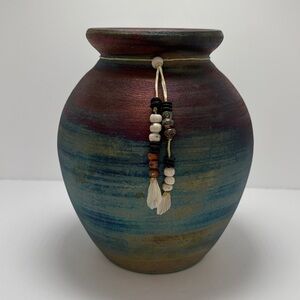 Jeremy Diller Raku Spirit Jar Iridescent Metallic Studio Pottery Feather Bead 7”